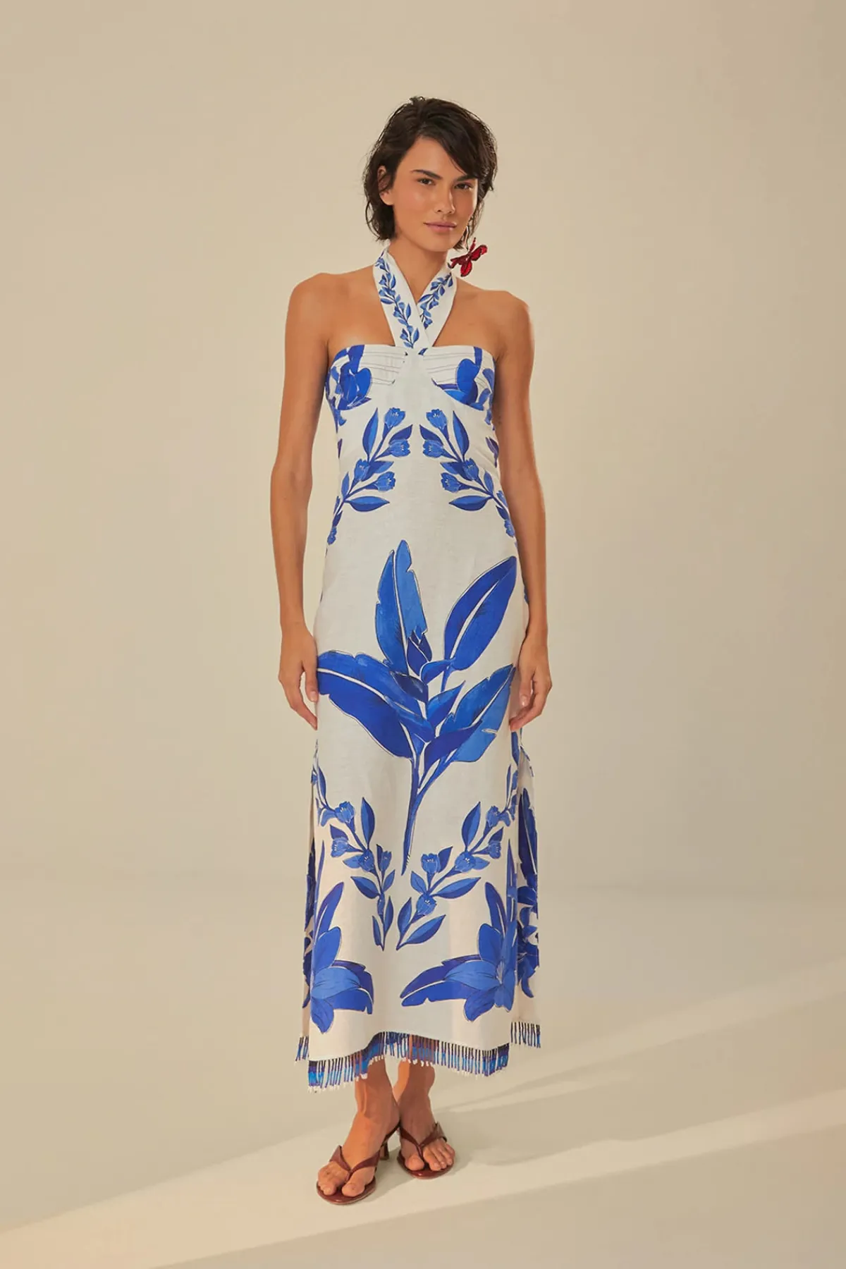 Farm Rio Sundresses-Blue Yard Halter Maxi Dress