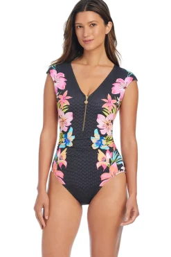 Bleu Rod Beattie Plunge|One Pieces-Cap Sleeve Zip Front One Piece Swimsuit