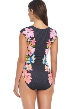 Bleu Rod Beattie Plunge|One Pieces-Cap Sleeve Zip Front One Piece Swimsuit
