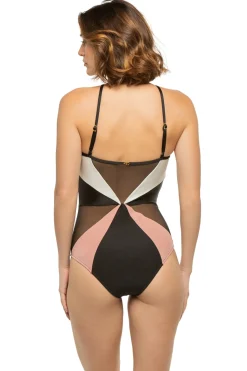 PatBo High Neck|One Pieces-Color Block Mesh One Piece Swimsuit
