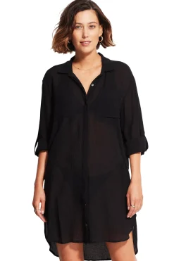 Seafolly Shirt Dresses-Crinkle Twill Beach Shirt Dress