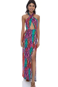Luli Fama Sundresses-Electric Skin Halter Maxi Dress