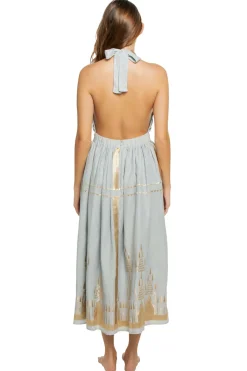 Greek Archaic Kori Sundresses-Embroidered Metallic Halter Maxi Dress