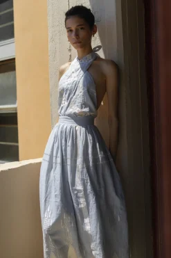 Greek Archaic Kori Sundresses-Embroidered Metallic Halter Maxi Dress