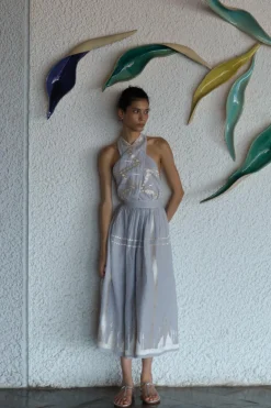 Greek Archaic Kori Sundresses-Embroidered Metallic Halter Maxi Dress