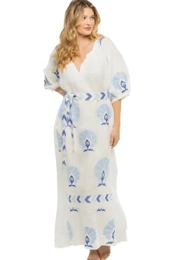 Greek Archaic Kori Sundresses-Embroidered Puff Sleeve Maxi Dress