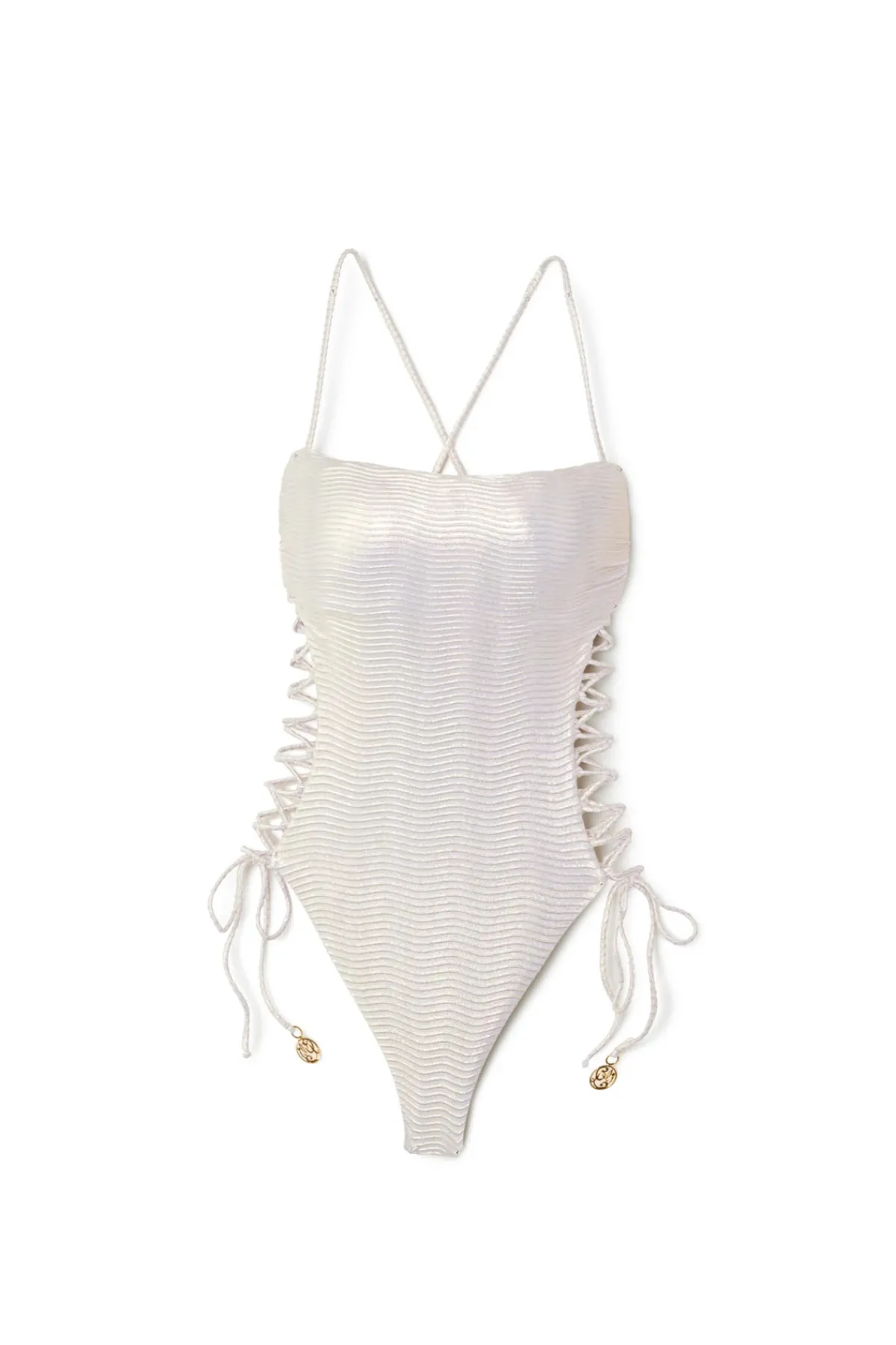 Luli Fama High Leg|One Pieces-Iridescent Lace Up One Piece Swimsuit