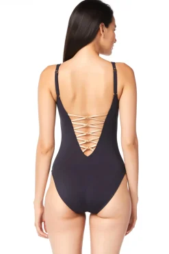 Bleu Rod Beattie Plunge|One Pieces-Lace Up Plunge One Piece Swimsuit