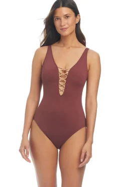 Bleu Rod Beattie Plunge|One Pieces-Lace Up Plunge One Piece Swimsuit