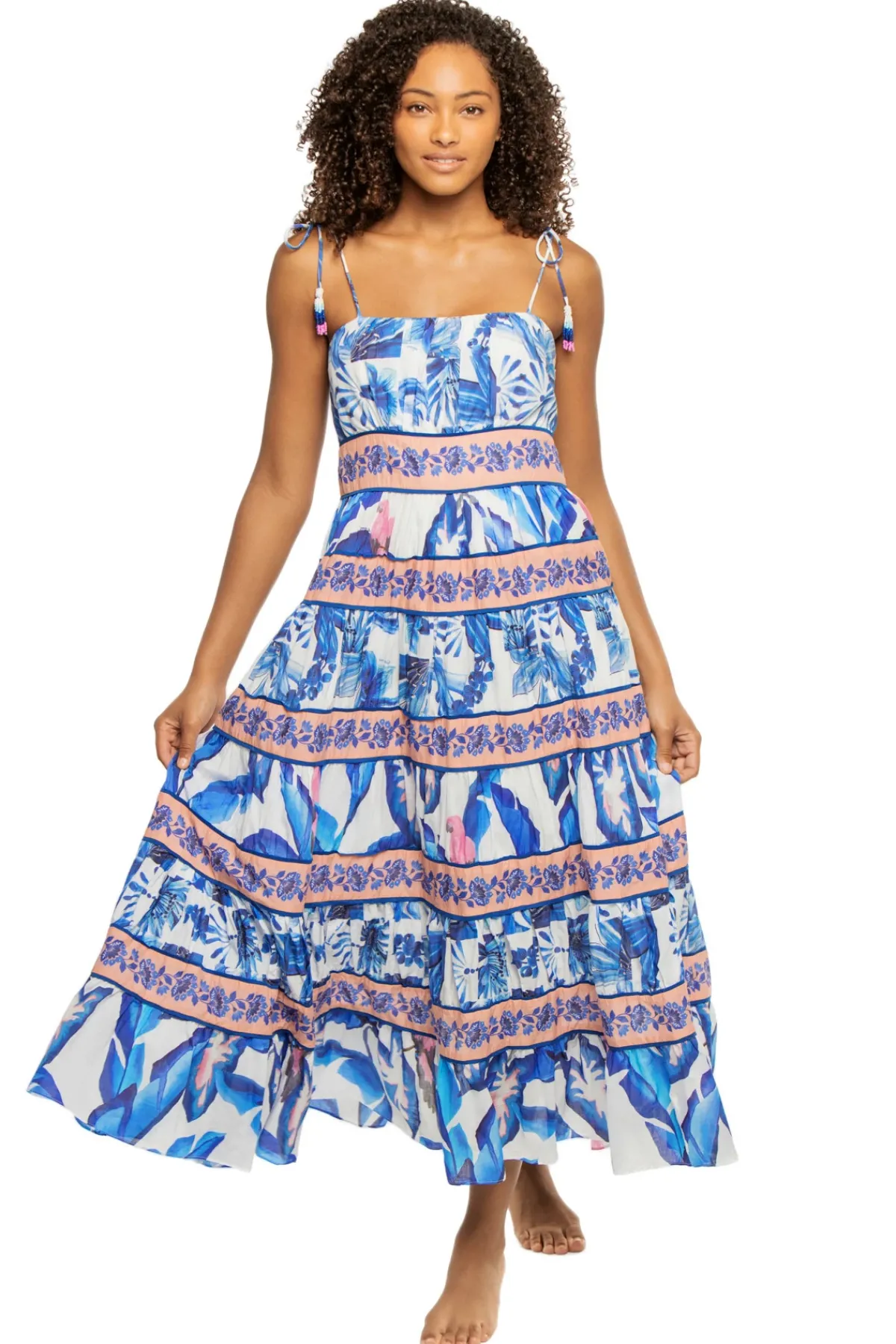 Farm Rio Sundresses-Off-White Blue Foliage Midi Dress