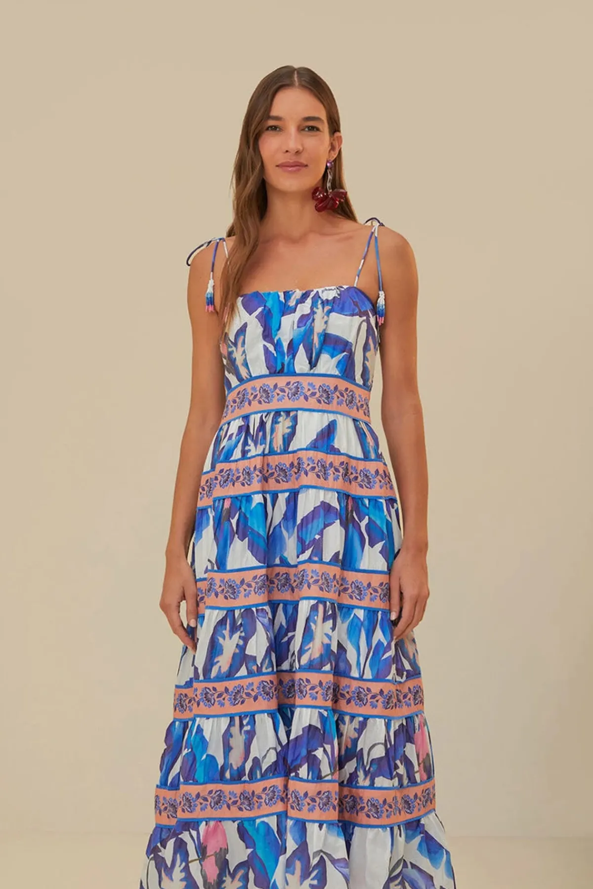 Farm Rio Sundresses-Off-White Blue Foliage Midi Dress