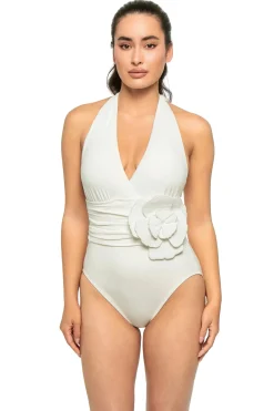Carmen Marc Valvo Halter|Plunge-Romantic Floral One Piece Swimsuit