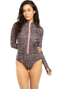 Watskin High Neck|Plunge-Ryann Tweed Print Bodysuit