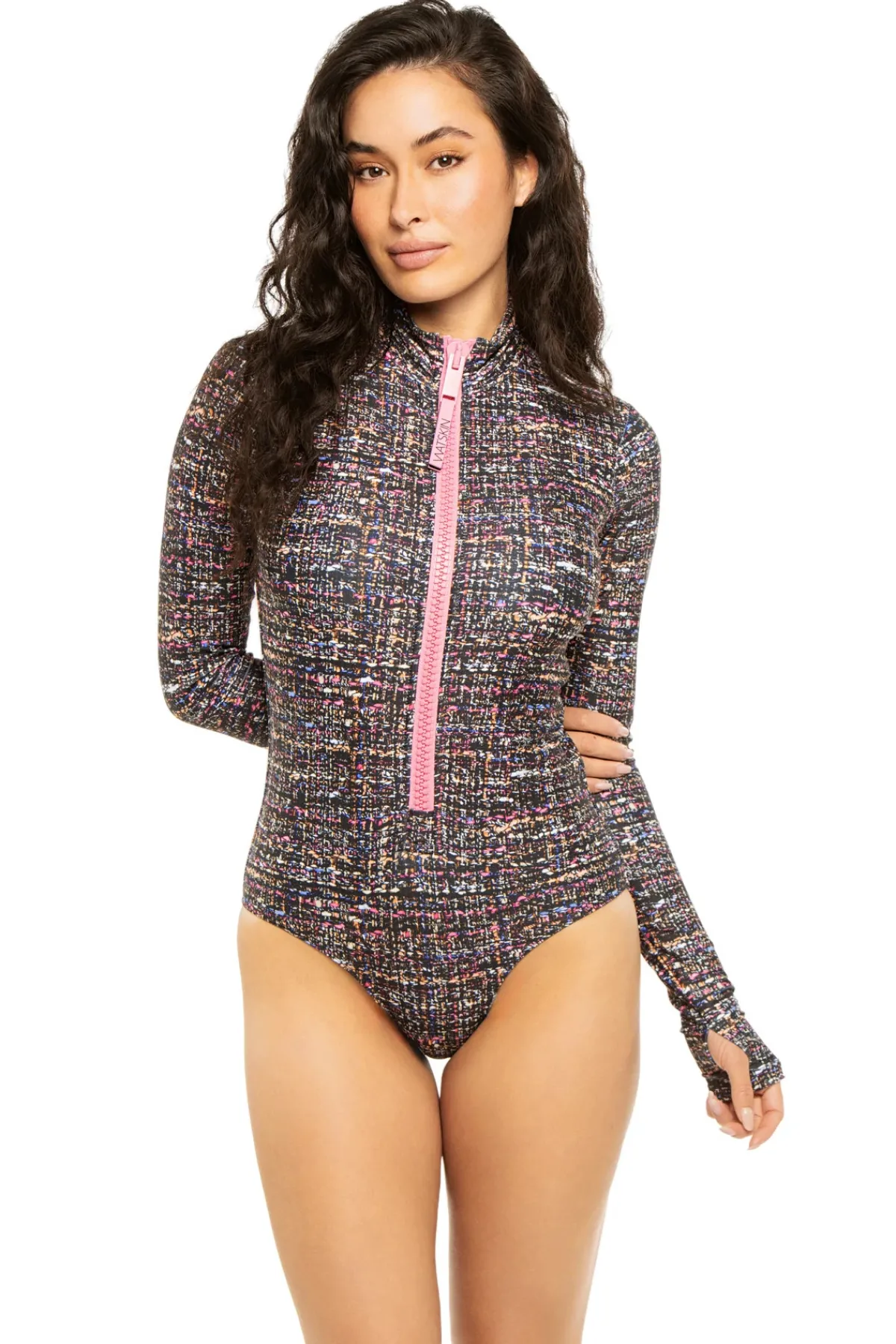 Watskin High Neck|Plunge-Ryann Tweed Print Bodysuit