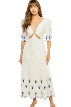Farm Rio Sundresses-Sea of Fish Embroidered Linen Maxi Dress