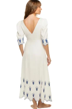 Farm Rio Sundresses-Sea of Fish Embroidered Linen Maxi Dress
