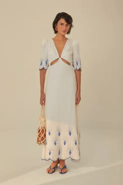 Farm Rio Sundresses-Sea of Fish Embroidered Linen Maxi Dress