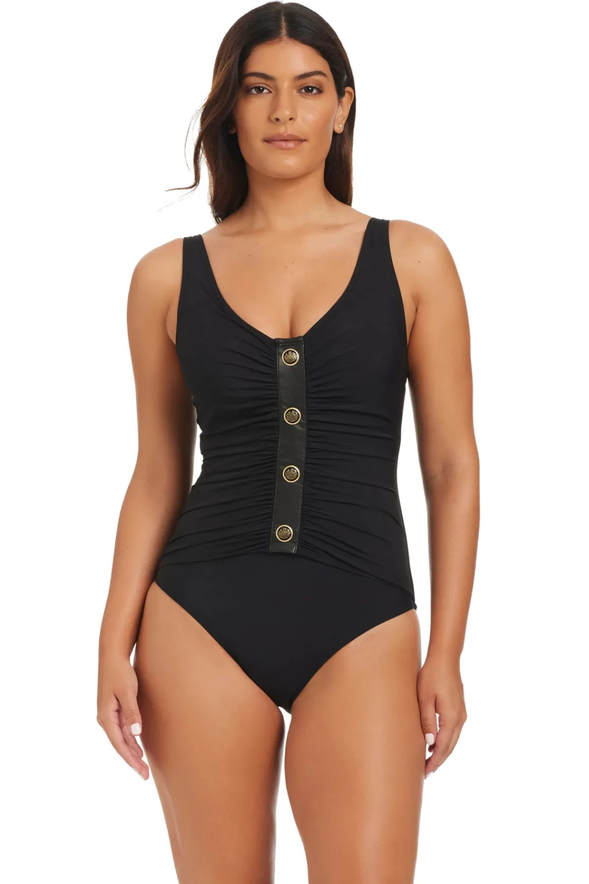 Beyond Control One Pieces-Shirred V-Neck One Piece Swimsuit