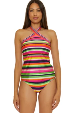 Trina Turk High Neck|Halter-Stripe High Neck Reversible Tankini Top