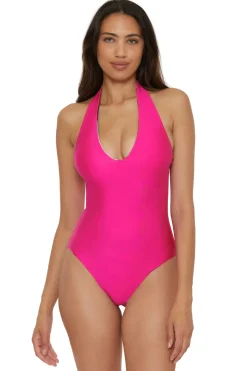 Trina Turk Halter|Plunge-Swoop Reversible Halter One Piece Swimsuit
