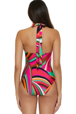 Trina Turk Halter|Plunge-Swoop Reversible Halter One Piece Swimsuit
