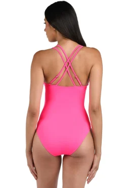 La Blanca Plunge|One Pieces-Underwire Lace Up One Piece Swimsuit