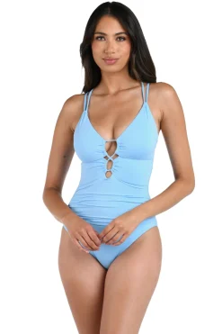 La Blanca Plunge|One Pieces-Underwire Lace Up One Piece Swimsuit
