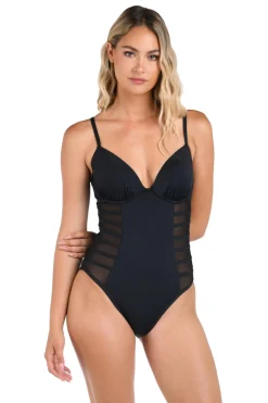 La Blanca Plunge|One Pieces-Underwire Mesh One Piece Swimsuit