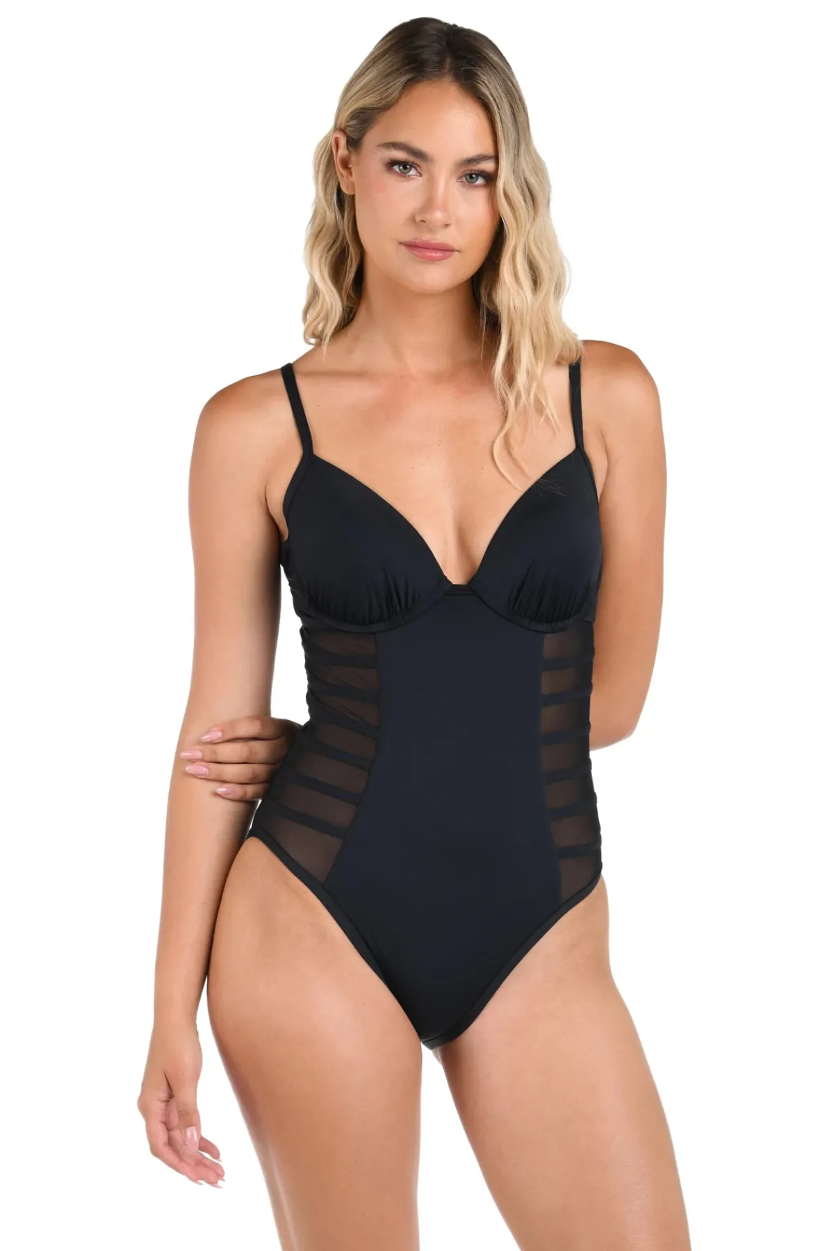 La Blanca Plunge|One Pieces-Underwire Mesh One Piece Swimsuit
